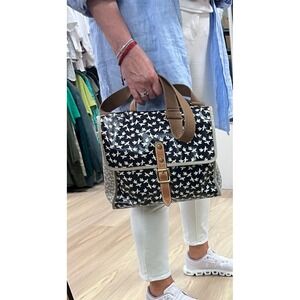 Fossil Messenger Bag Women Medium Navy Blue Excellent‎ Bird Print Coated Canvas